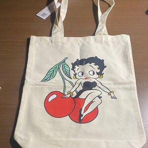 Betty Boop canvas Tote Bag w Betty sitting on cherries. NWT About 12.5x15.5x3